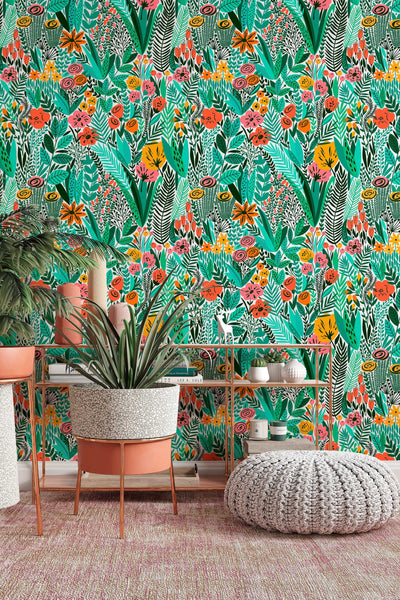 green Scandinavian flowers wallpaper