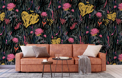 EXCLUSIVE Modern jungle  heart-shaped lion - Peel & Stick Murals Wallpaper - Removable Self Adhesive wallpaper #3221
