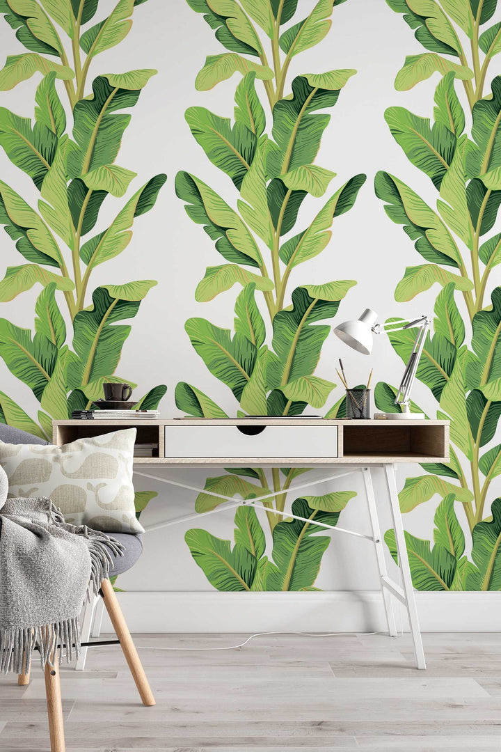 Green Palm leaves on white - Canvas Peel & Stick Wallpaper - Removable Self Adhesive - Traditional Wallpaper #3215