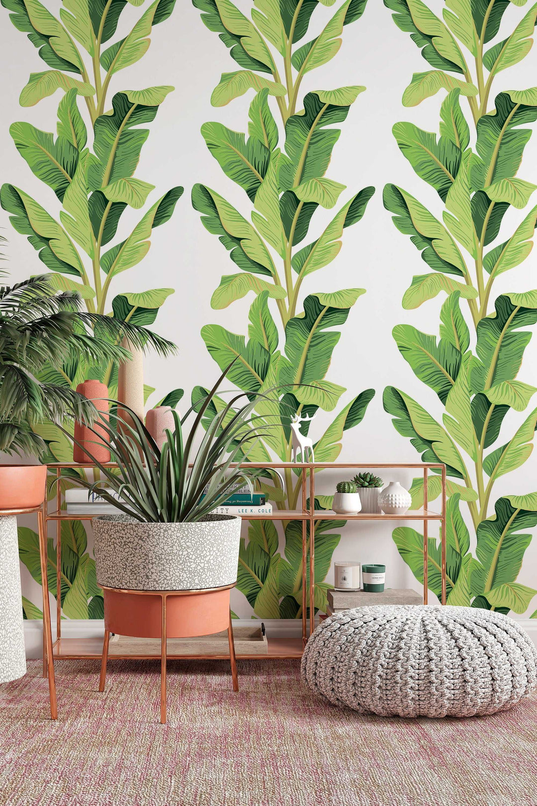 Green Palm leaves on white - Canvas Peel & Stick Wallpaper - Removable Self Adhesive - Traditional Wallpaper #3215