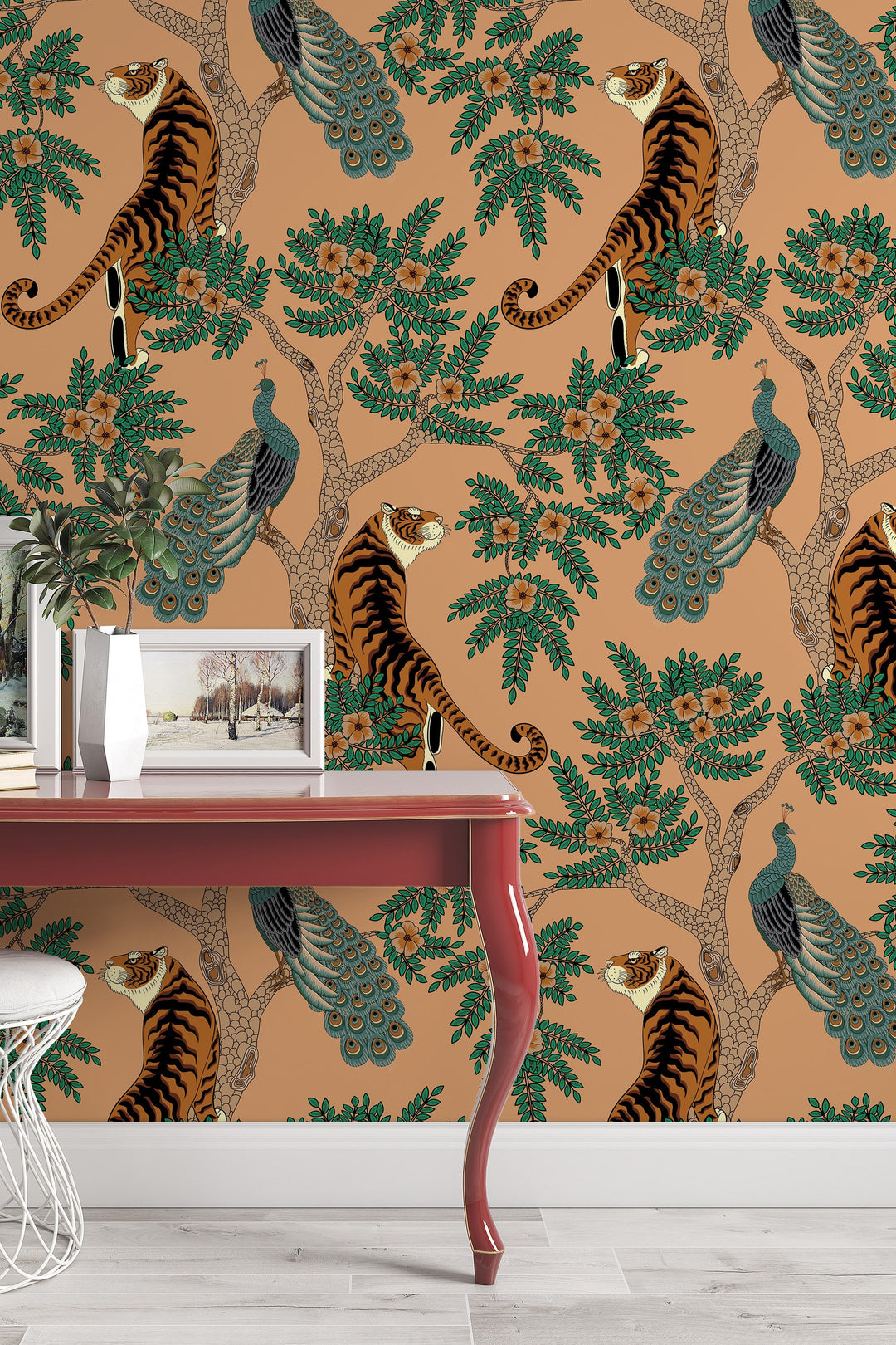 Tiger and Peacock in the woods - Peel & Stick Wallpaper - Removable Self Adhesive and traditional wallpaper #3183