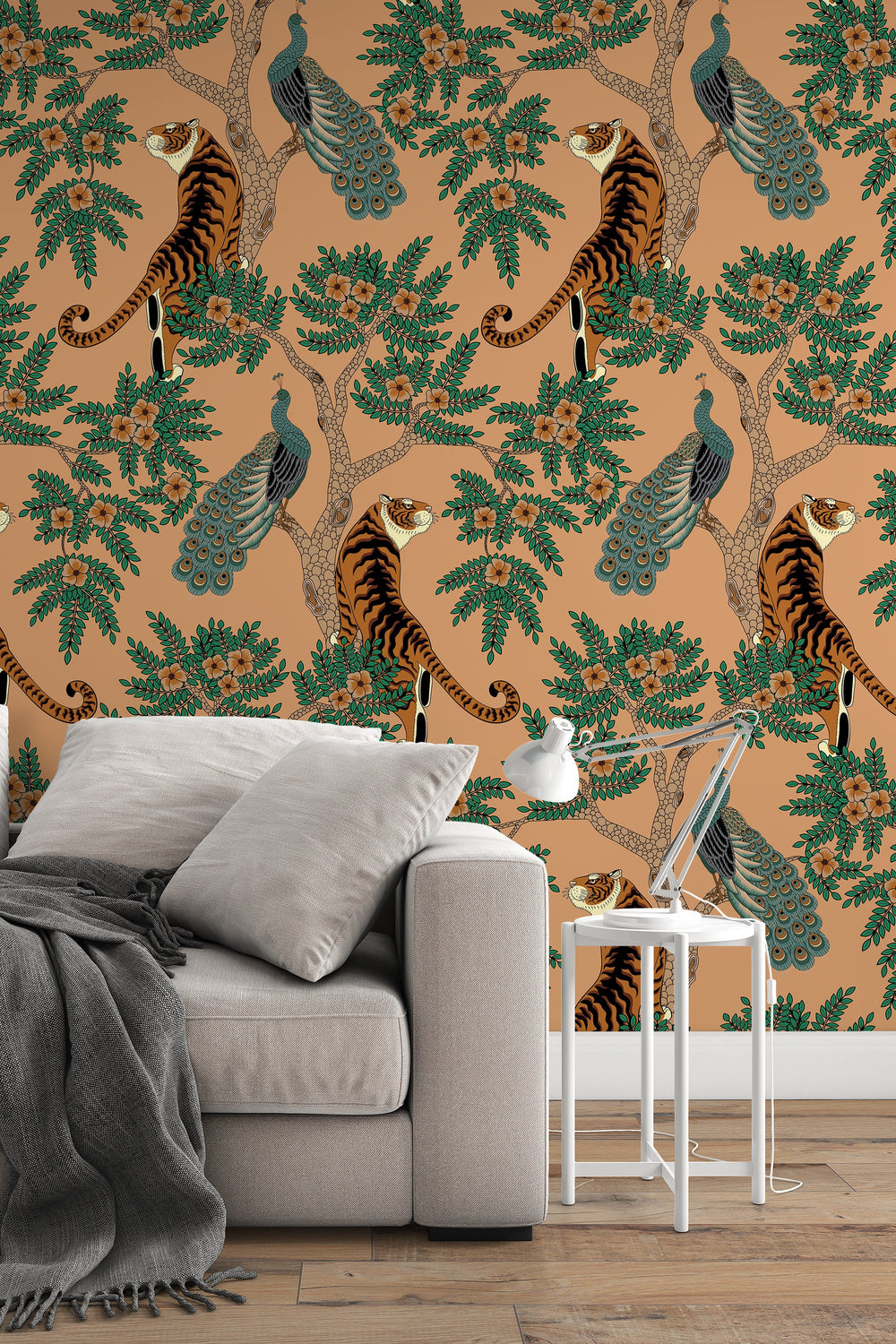 Tiger and Peacock in the woods - Peel & Stick Wallpaper - Removable Self Adhesive and traditional wallpaper #3183