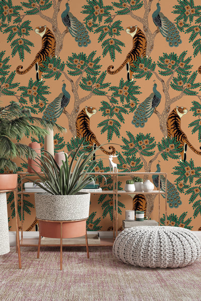 Tiger and Peacock in the woods - Peel & Stick Wallpaper - Removable Self Adhesive and traditional wallpaper #3183