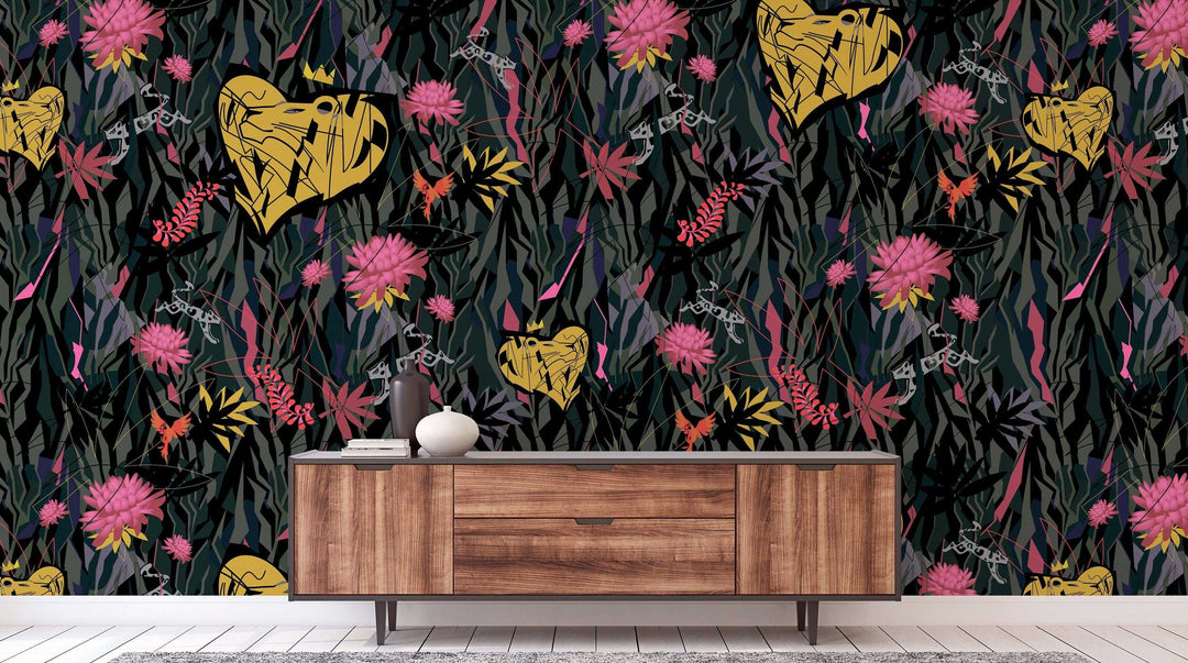 EXCLUSIVE Modern jungle  heart-shaped lion - Peel & Stick Murals Wallpaper - Removable Self Adhesive wallpaper #3221