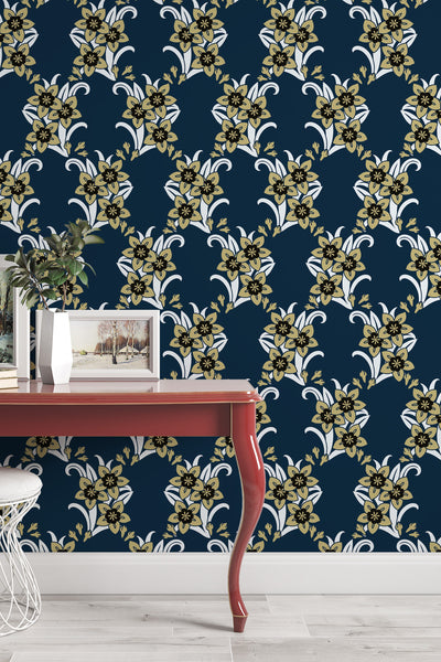 EXCLUSIVE Sunday flowers on navy background - Peel & Stick Wallpaper - Removable Self Adhesive and Traditional wallpaper #3222