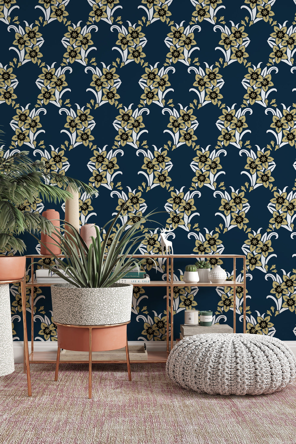 EXCLUSIVE Sunday flowers on navy background - Peel & Stick Wallpaper - Removable Self Adhesive and Traditional wallpaper #3222