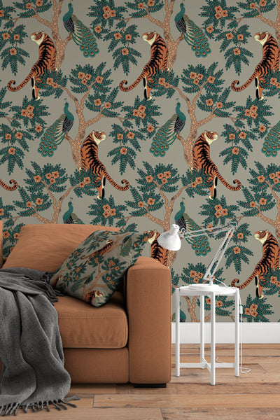 Tiger and Peacock in woods on gray background - Peel & Stick Wallpaper - Removable Self Adhesive Wallpaper design #3147