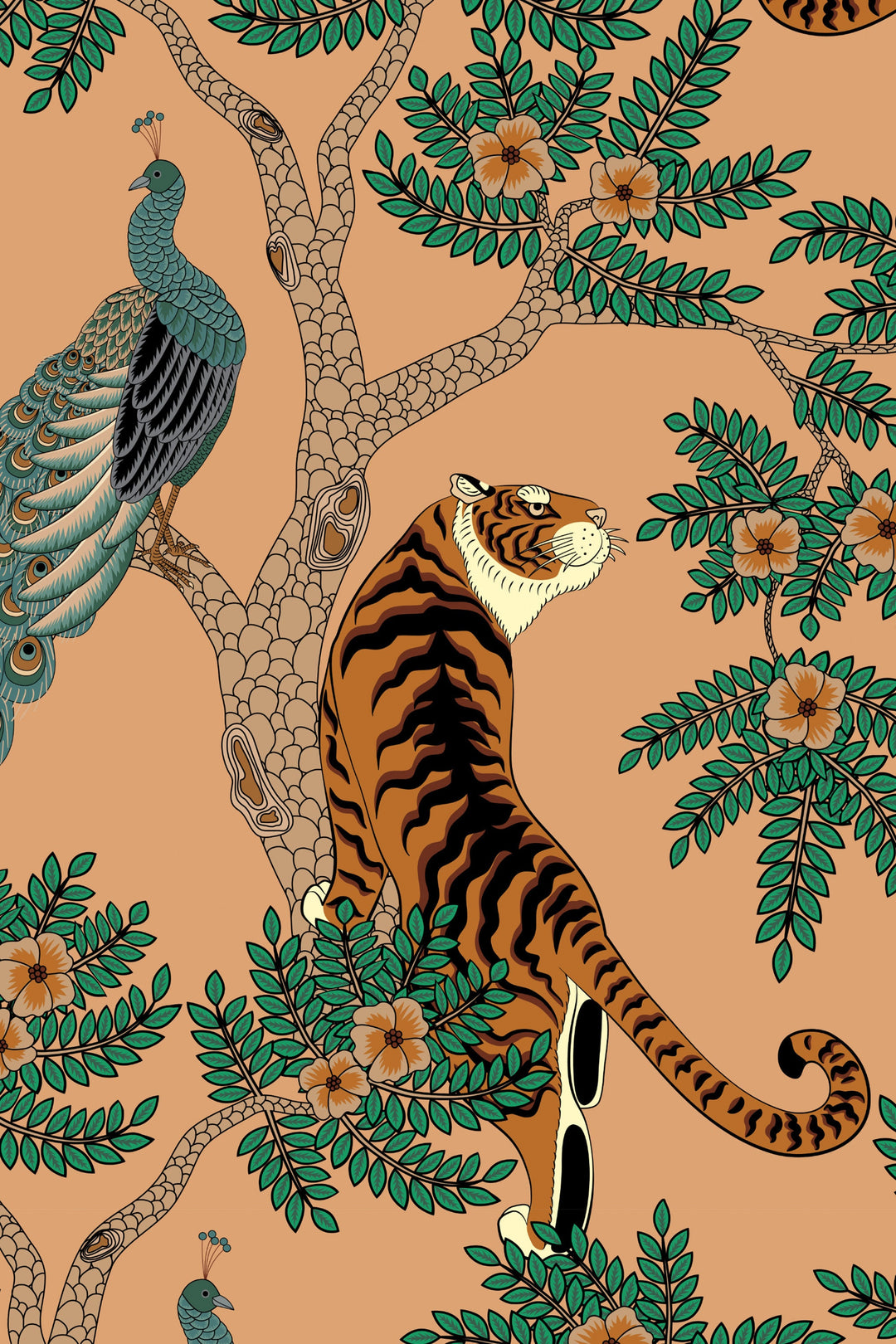 Tiger and Peacock in the woods - Peel & Stick Wallpaper - Removable Self Adhesive and traditional wallpaper #3183