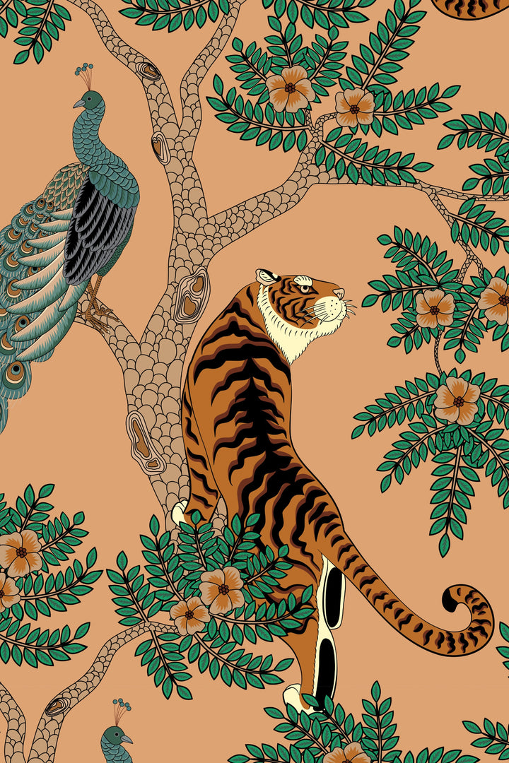 Tiger and Peacock in the woods - Peel & Stick Wallpaper - Removable Self Adhesive and traditional wallpaper #3183