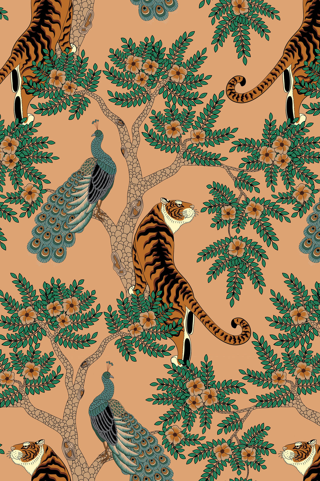 Tiger and Peacock in the woods - Peel & Stick Wallpaper - Removable Self Adhesive and traditional wallpaper #3183