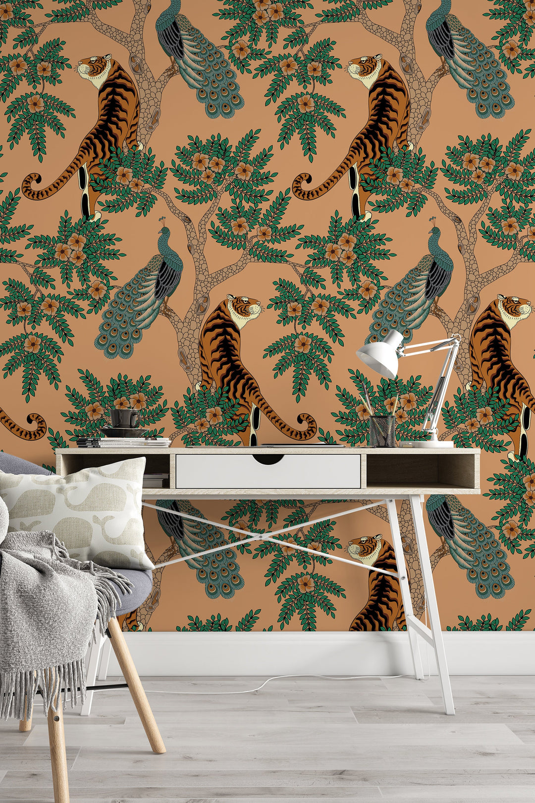 Tiger and Peacock in the woods - Peel & Stick Wallpaper - Removable Self Adhesive and traditional wallpaper #3183