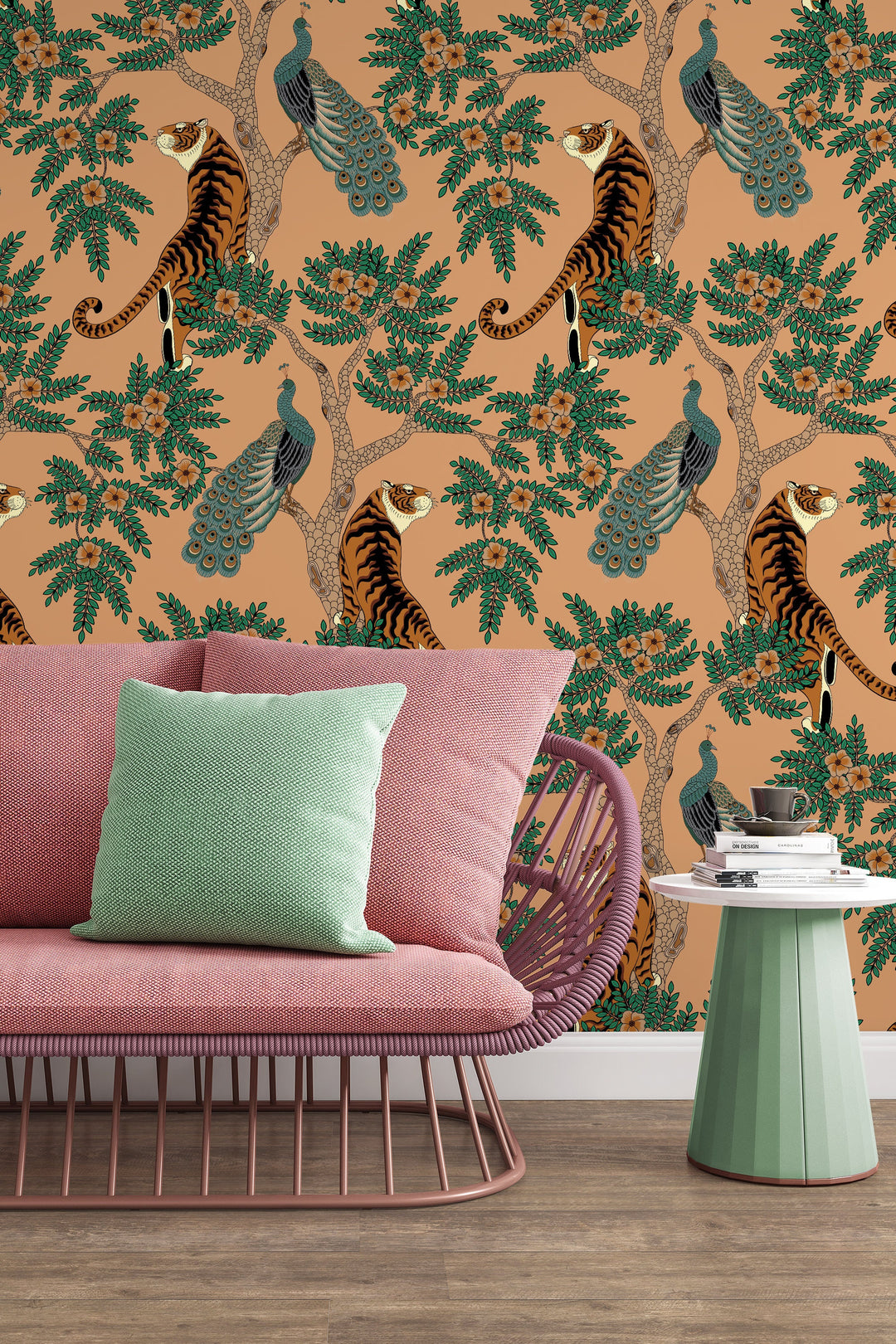 Tiger and Peacock in the woods - Peel & Stick Wallpaper - Removable Self Adhesive and traditional wallpaper #3183