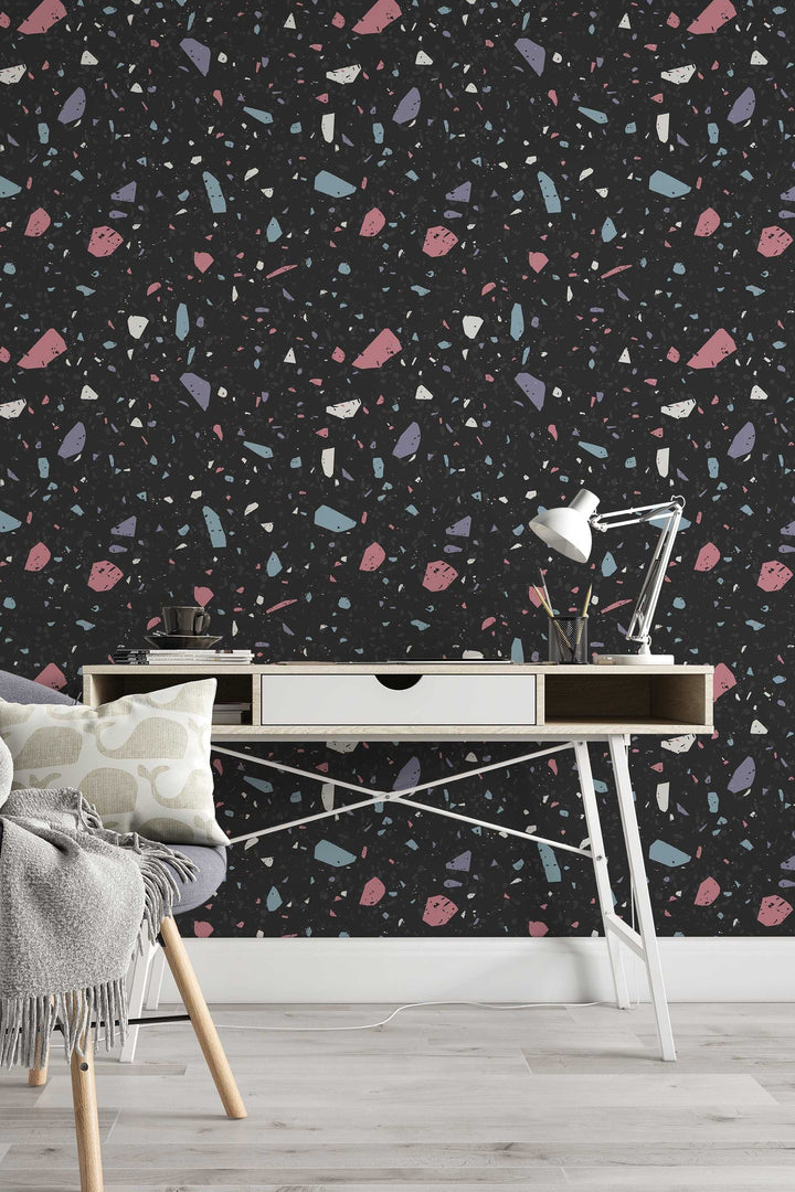 Dark Terrazzo Wallpaper Abstract Boho Neutral Minimalistic