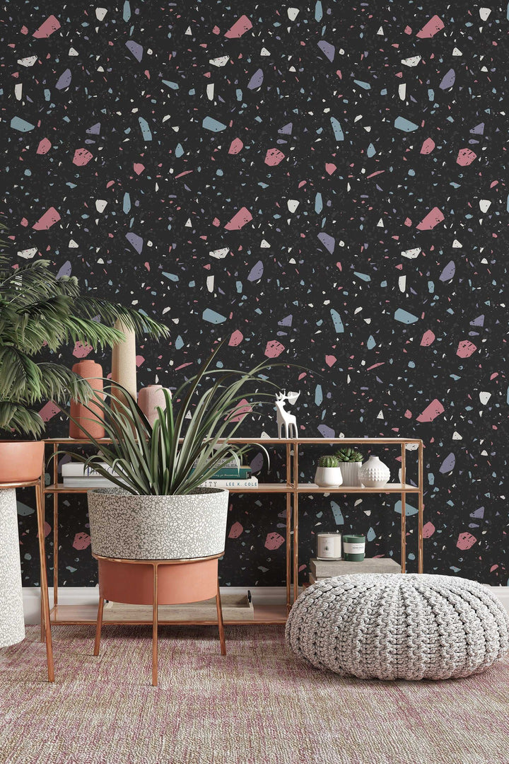 Dark Terrazzo Wallpaper Abstract Boho Neutral Minimalistic