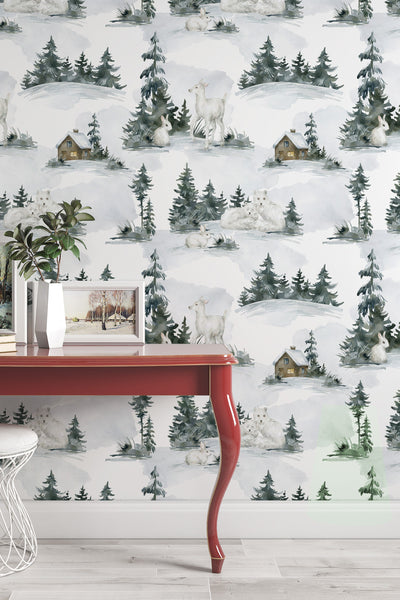 Winter animals in the woods - Peel & Stick Wallpaper - Removable Self Adhesive Wallpaper design #3230