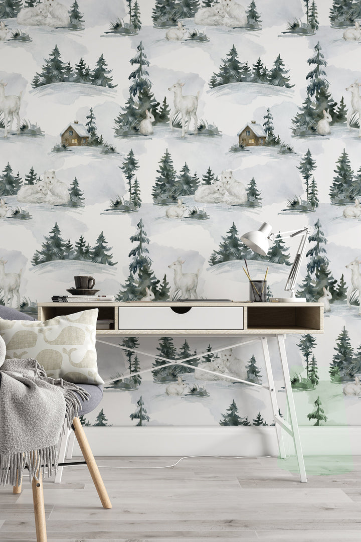 Winter animals in the woods - Peel & Stick Wallpaper - Removable Self Adhesive Wallpaper design #3230