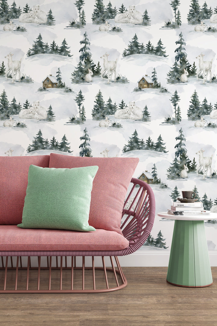 Winter animals in the woods - Peel & Stick Wallpaper - Removable Self Adhesive Wallpaper design #3230