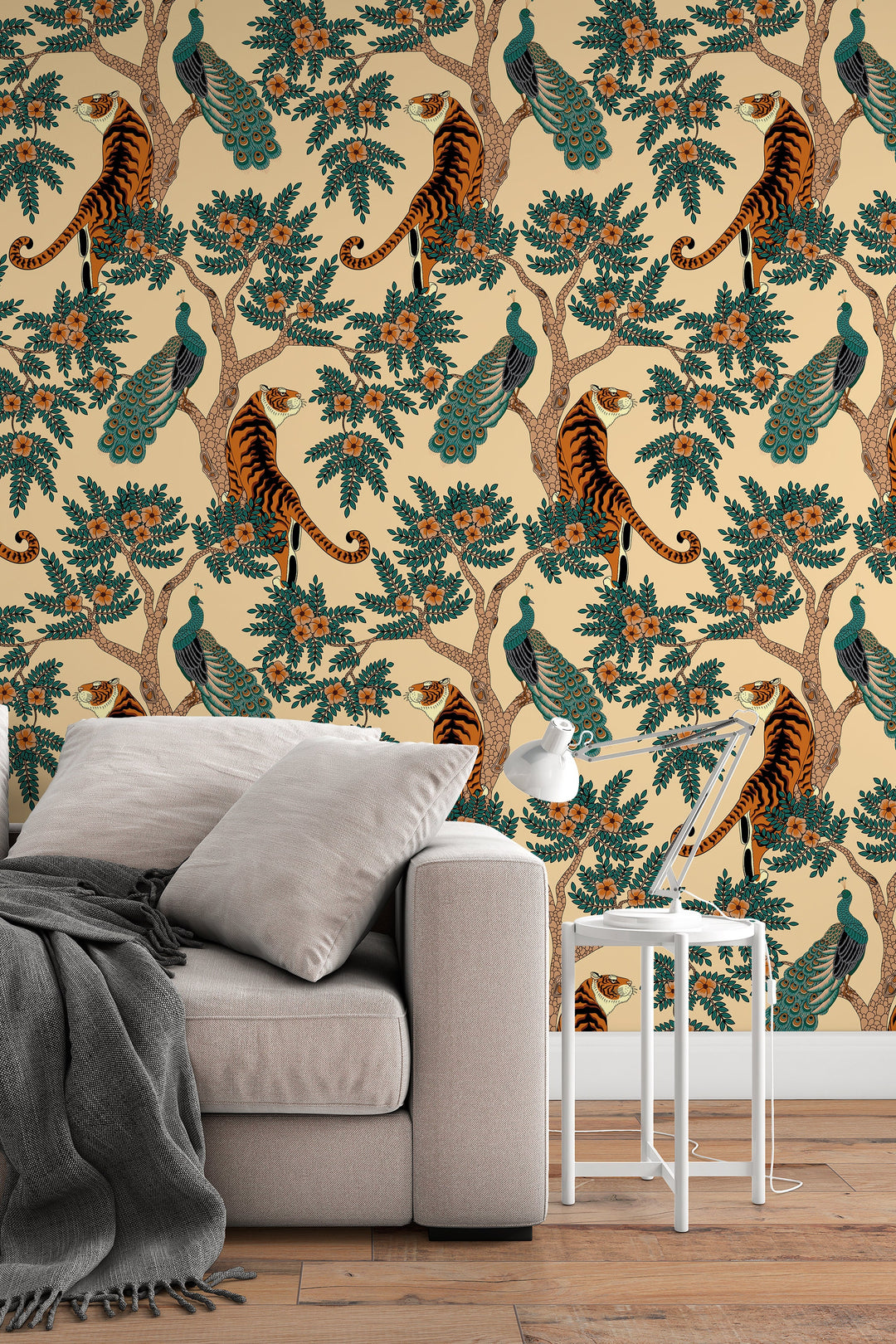 Tiger and Peacock in woods Wallcovering - Peel & Stick Wallpaper - Removable Self Adhesive Wallpaper Roll pattern wallpaper design#3195