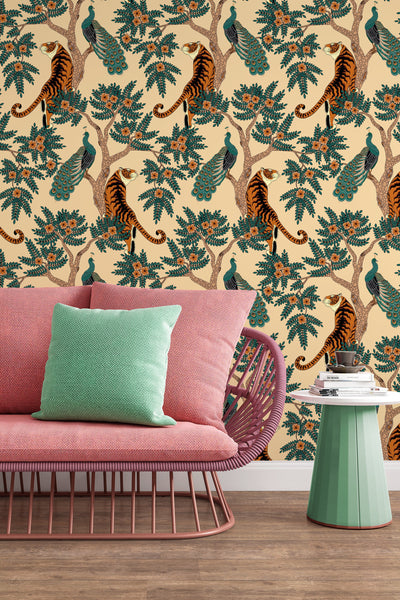 Tiger and Peacock in woods Wallcovering - Peel & Stick Wallpaper - Removable Self Adhesive Wallpaper Roll pattern wallpaper design#3195