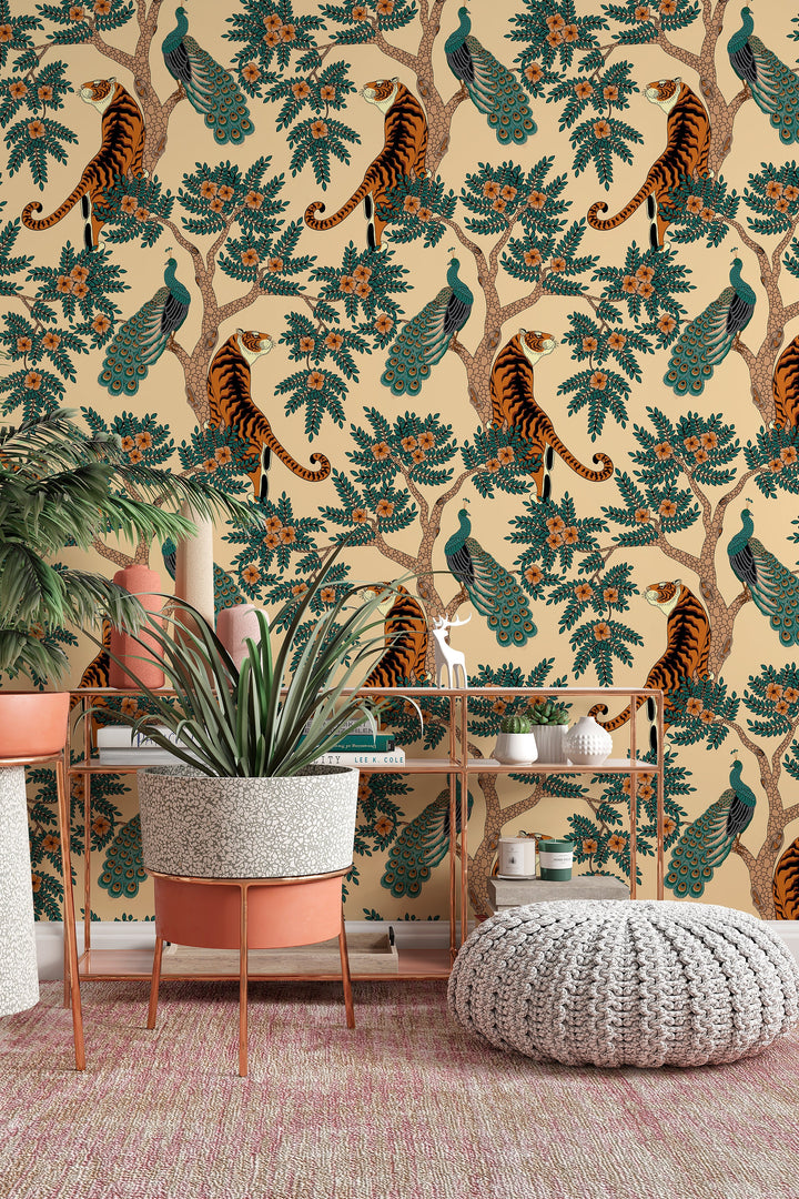 Tiger and Peacock in woods Wallcovering - Peel & Stick Wallpaper - Removable Self Adhesive Wallpaper Roll pattern wallpaper design#3195