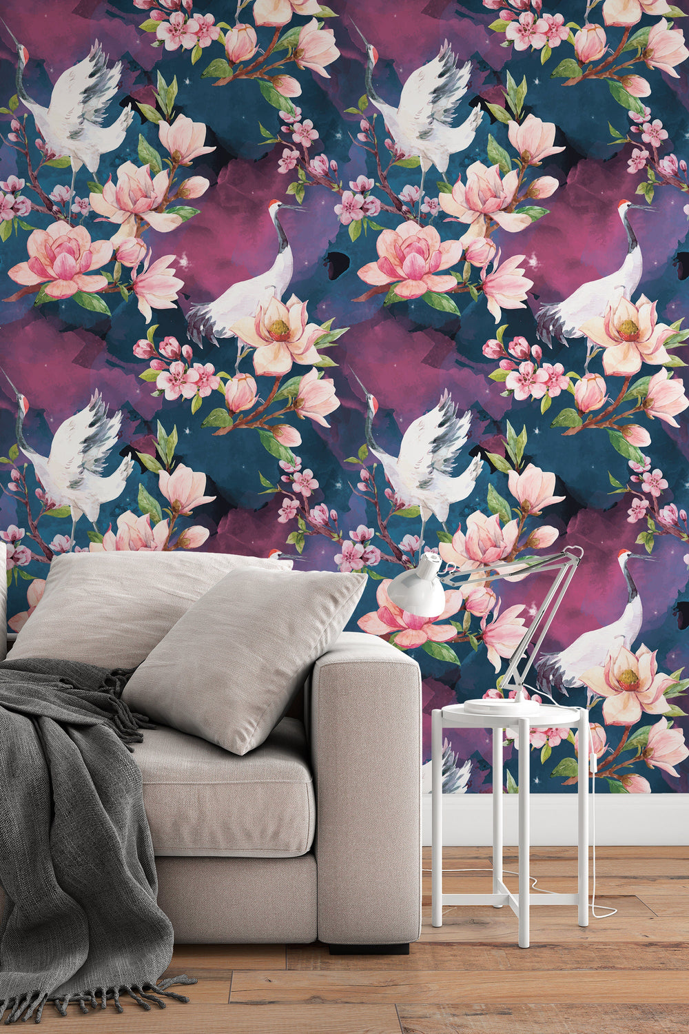 Birds and flowers on dark  Background Wallpaper - Removable Vinyl Peel and Stick #3141