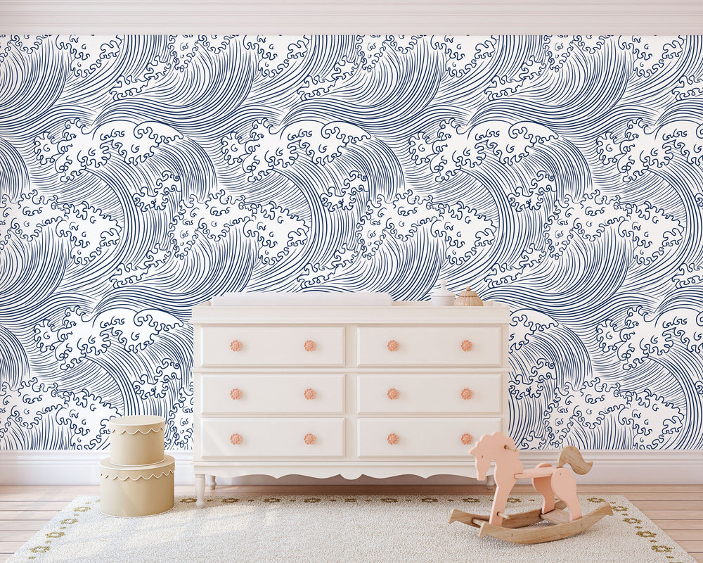 Japanese Ocean Waves Wallpaper White Swirl on green background - Removable Self Adhesive pattern wallpaper #3248