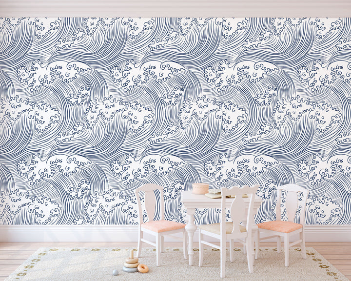 Japanese Ocean Waves Wallpaper White Swirl on green background - Removable Self Adhesive pattern wallpaper #3248