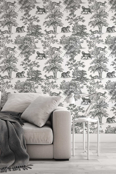 Tiger and Leaves in woods Wallpaper, Peel & Stick. Removable, Self Adhesive, Tropical