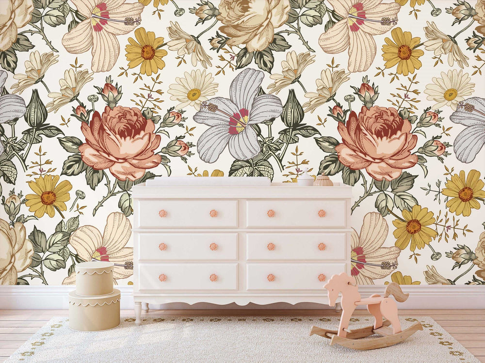 Vintage Floral Harlow Watercolor Peony Bouquet Self Adhesive Peel and Stick Wallpaper #3233