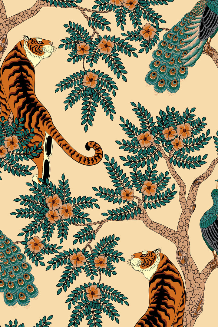 Tiger and Peacock in woods Wallcovering - Peel & Stick Wallpaper - Removable Self Adhesive Wallpaper Roll pattern wallpaper design#3195