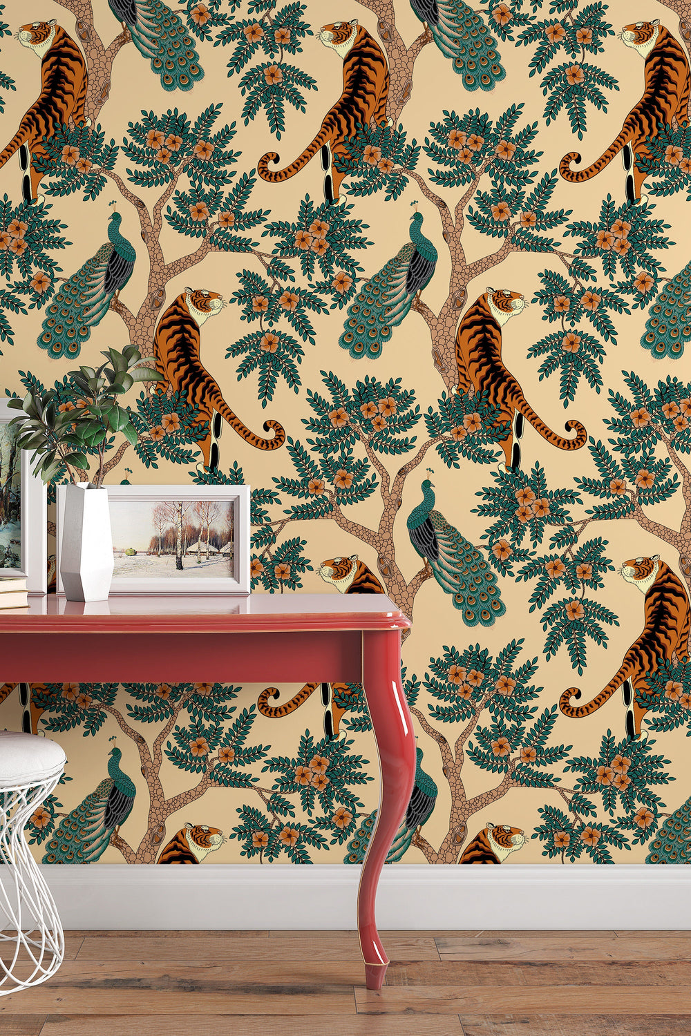 Tiger and Peacock in woods Wallcovering - Peel & Stick Wallpaper - Removable Self Adhesive Wallpaper Roll pattern wallpaper design#3195