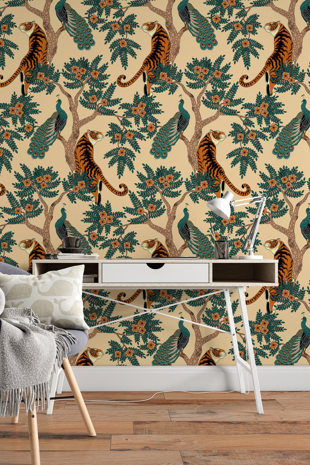 Tiger and Peacock in woods Wallcovering - Peel & Stick Wallpaper - Removable Self Adhesive Wallpaper Roll pattern wallpaper design#3195