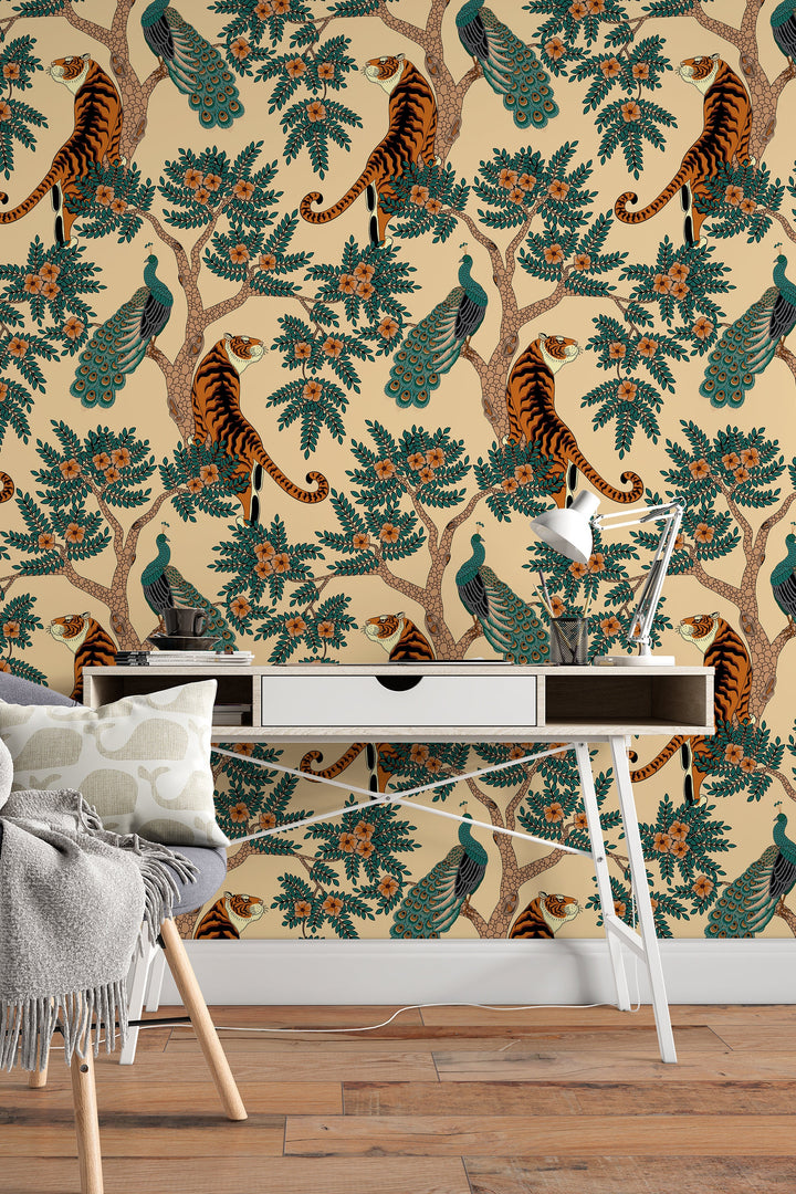 Tiger and Peacock in woods Wallcovering - Peel & Stick Wallpaper - Removable Self Adhesive Wallpaper Roll pattern wallpaper design#3195