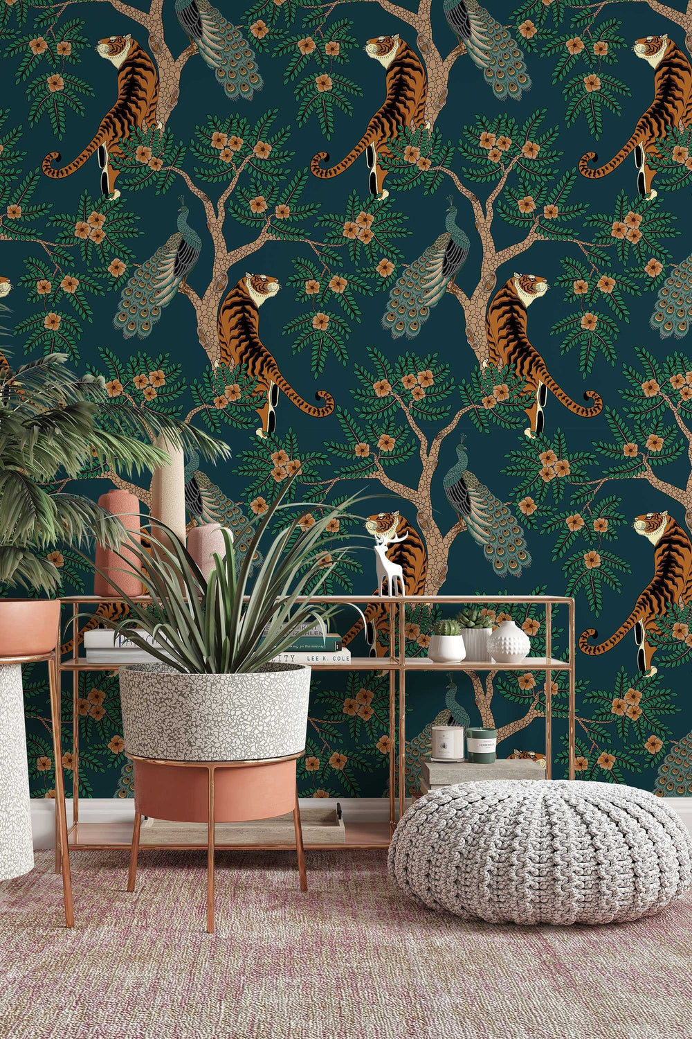 Tiger and Peacock in the woods on the deep green background - Peel & Stick Wallpaper - Removable Self Adhesive 3252
