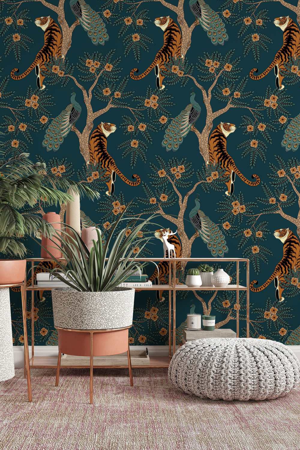 Tiger and Peacock in the woods on the deep green background - Peel & Stick Wallpaper - deep green leaves 3253