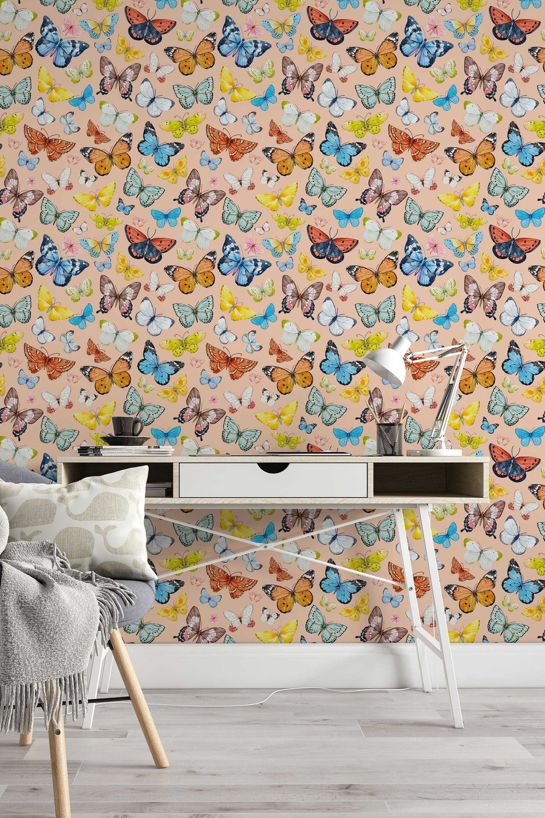 Butterflies Wallpaper on biege background - Removable Self Adhesive pattern wallpaper #3255