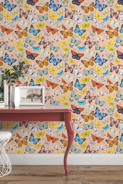 Butterflies Wallpaper on biege background - Removable Self Adhesive pattern wallpaper #3255