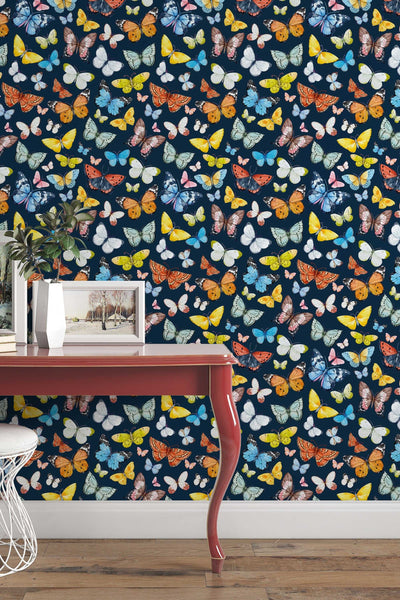 Butterflies Wallpaper on deep blue background - Removable Self Adhesive pattern wallpaper #3256