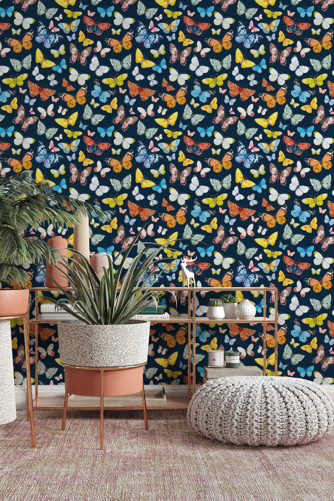 Butterflies Wallpaper on deep blue background - Removable Self Adhesive pattern wallpaper #3256