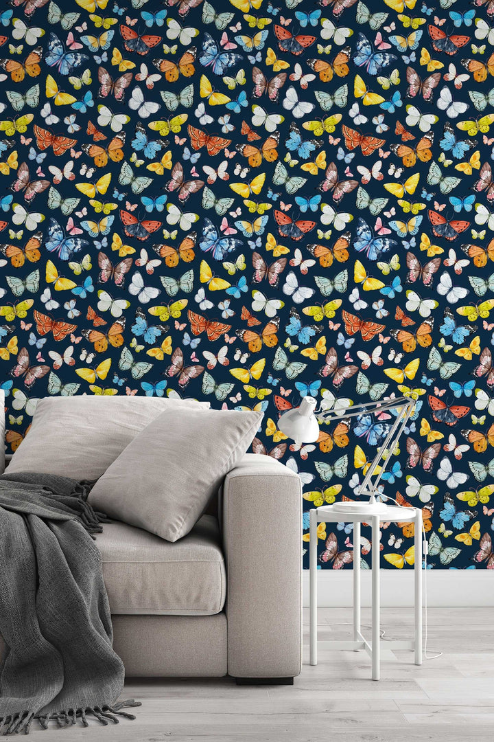 Butterflies Wallpaper on deep blue background - Removable Self Adhesive pattern wallpaper #3256