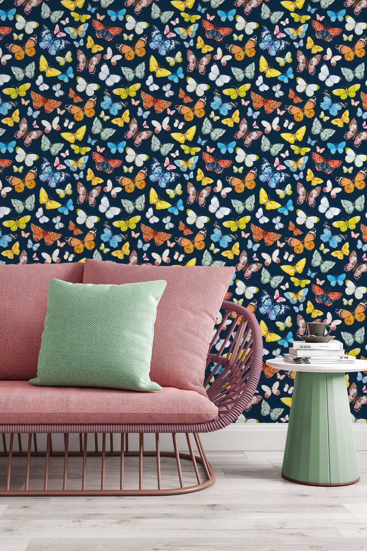 Butterflies Wallpaper on deep blue background - Removable Self Adhesive pattern wallpaper #3256