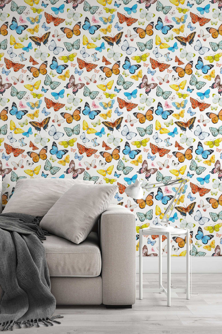 Butterflies Wallpaper on white blue background - Removable Self Adhesive pattern wallpaper #3257