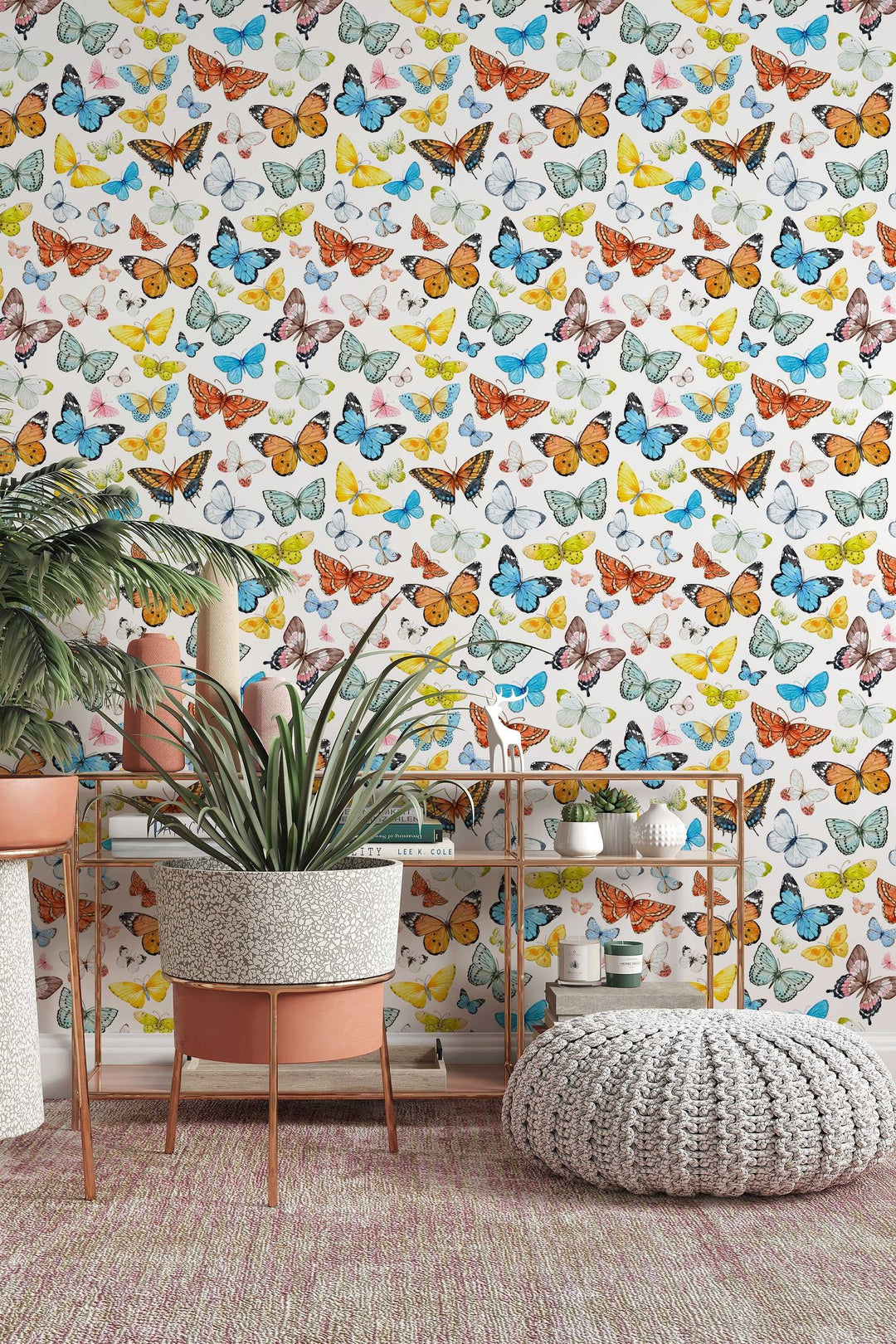 Butterflies Wallpaper on white blue background - Removable Self Adhesive pattern wallpaper #3257