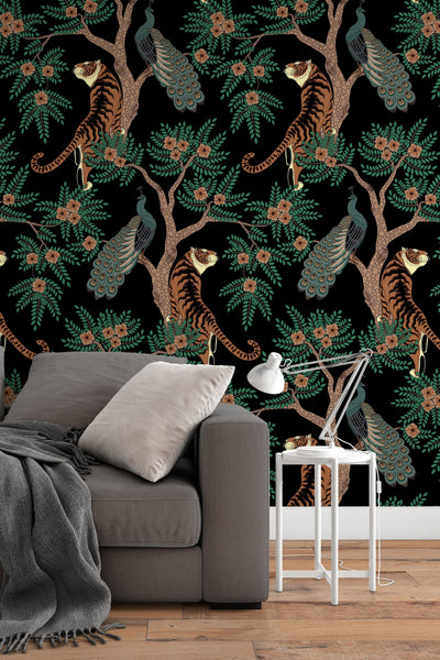 Tiger and Peacock in the woods on the black background - Peel & Stick Wallpaper - Removable Self Adhesive #3212