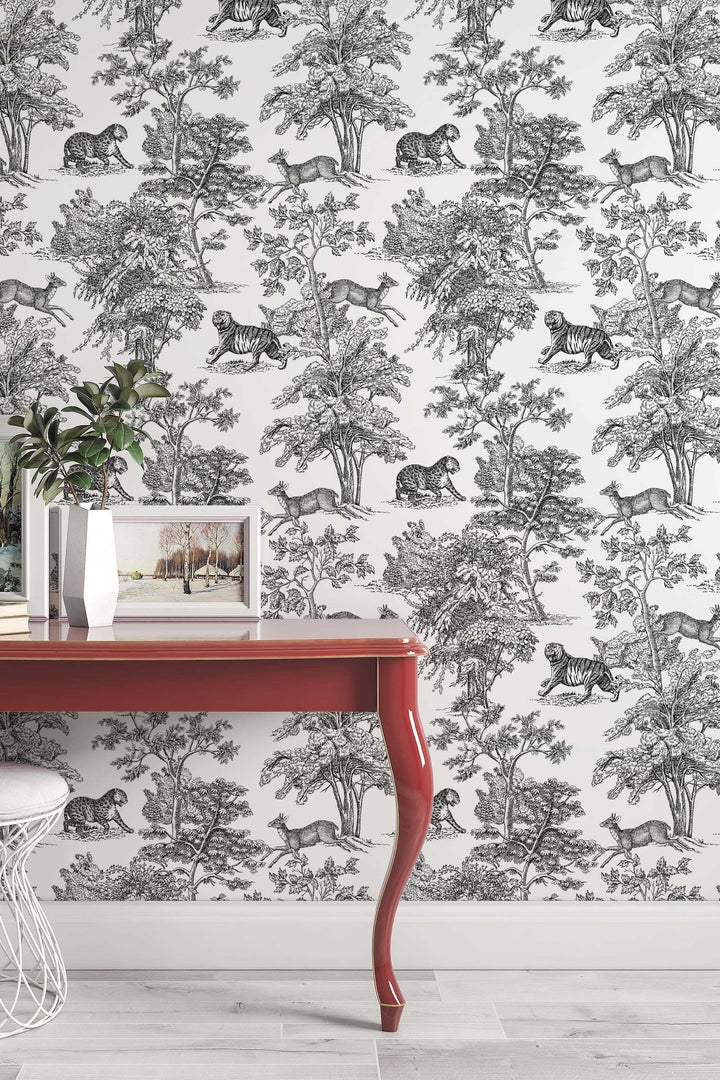 Tiger and Leaves in woods Wallcovering - Peel & Stick Wallpaper - Removable Self Adhesive Wallpaper Roll pattern wallpaper design#3249