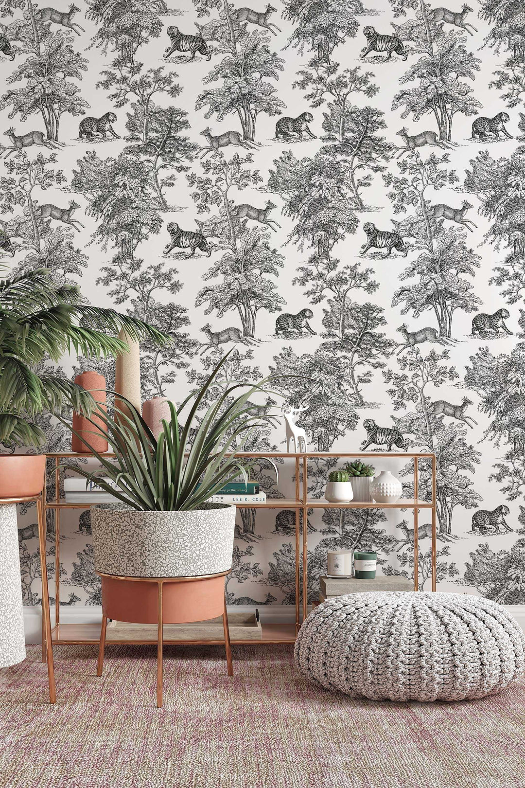 Tiger and Leaves in woods Wallcovering - Peel & Stick Wallpaper - Removable Self Adhesive Wallpaper Roll pattern wallpaper design#3249