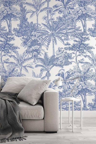 Blue palms wallpaper, tropical pattern, peel and stick, wall decor design