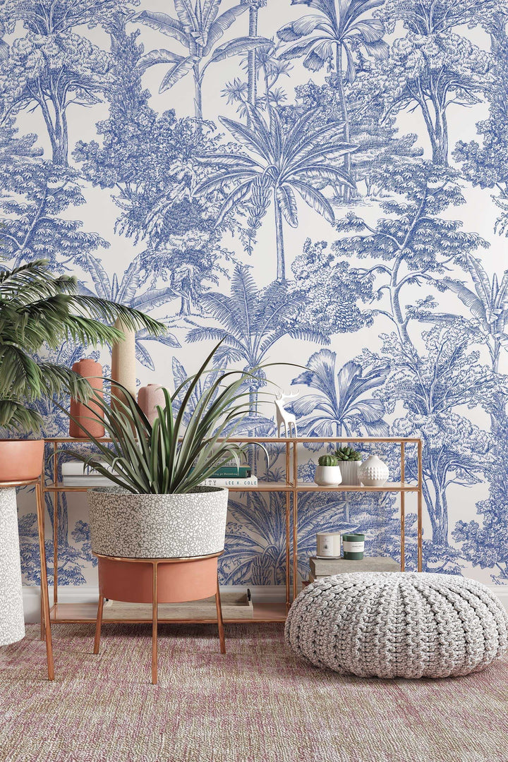 Blue palms pattern, peel and stick wallpaper, wall decor design#3251