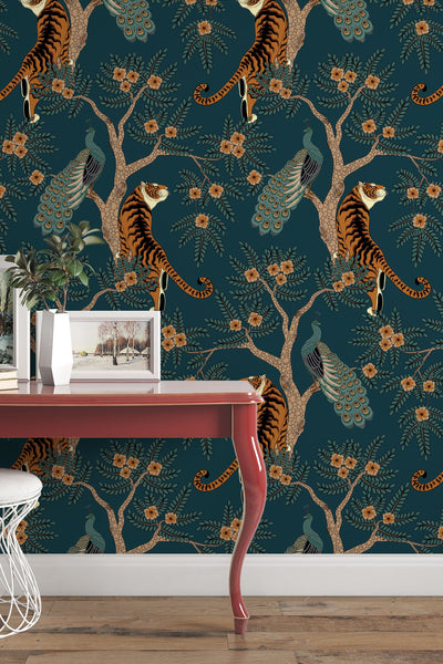 Tiger and Peacock in the woods on the deep green background - Peel & Stick Wallpaper - deep green leaves 3253