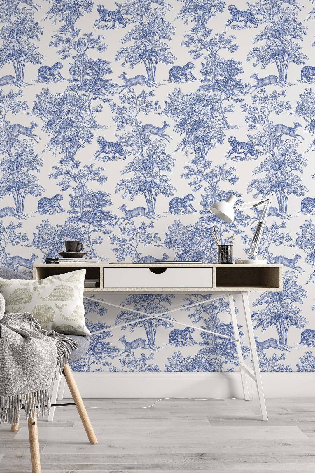 Blue tigers and deer on a white background  pattern, peel and stick wallpaper, wall decor design#3266